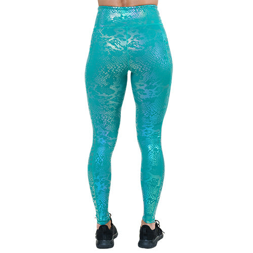 back of full length blue iridescent leggings
