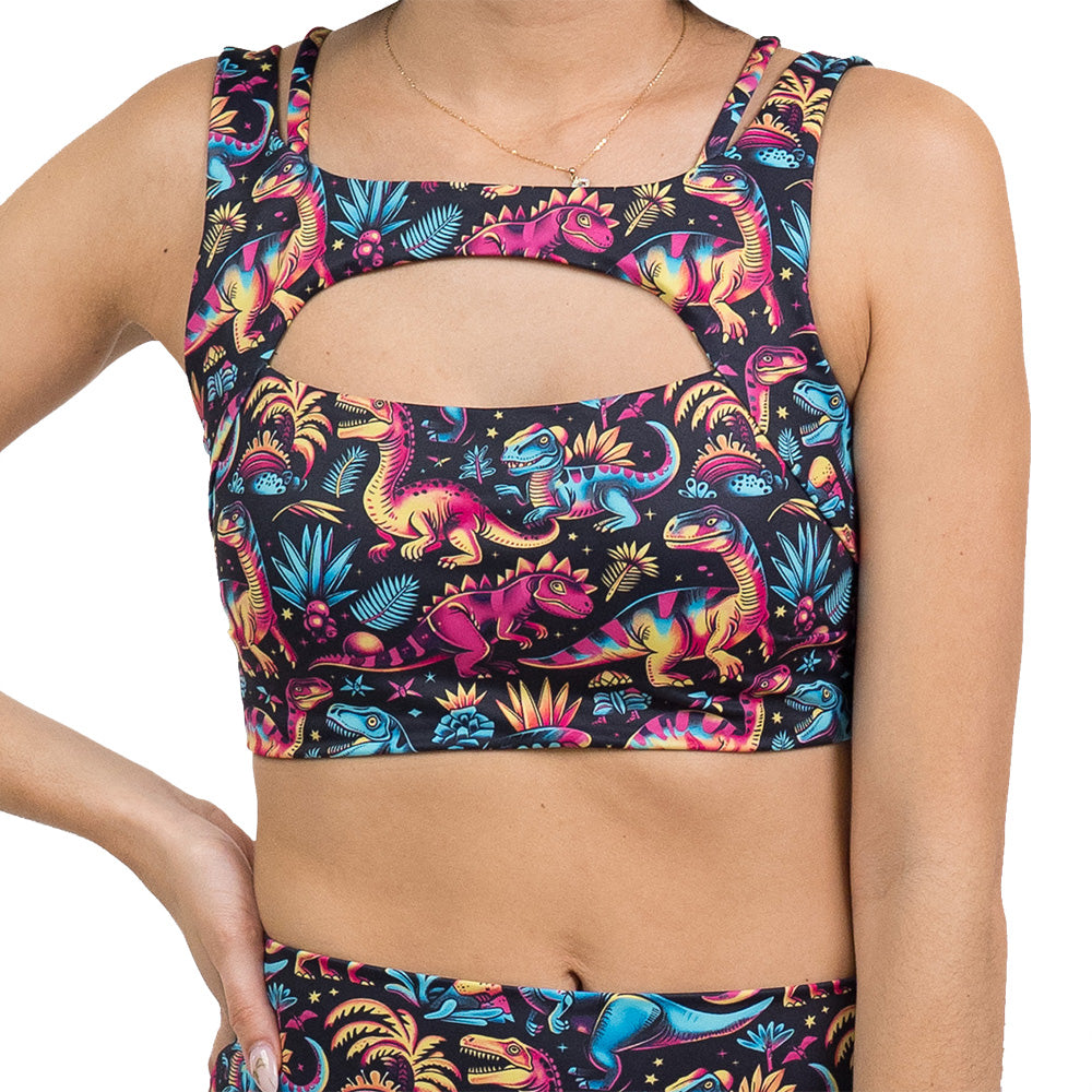 front of the dinosaur print vista bra against a white background