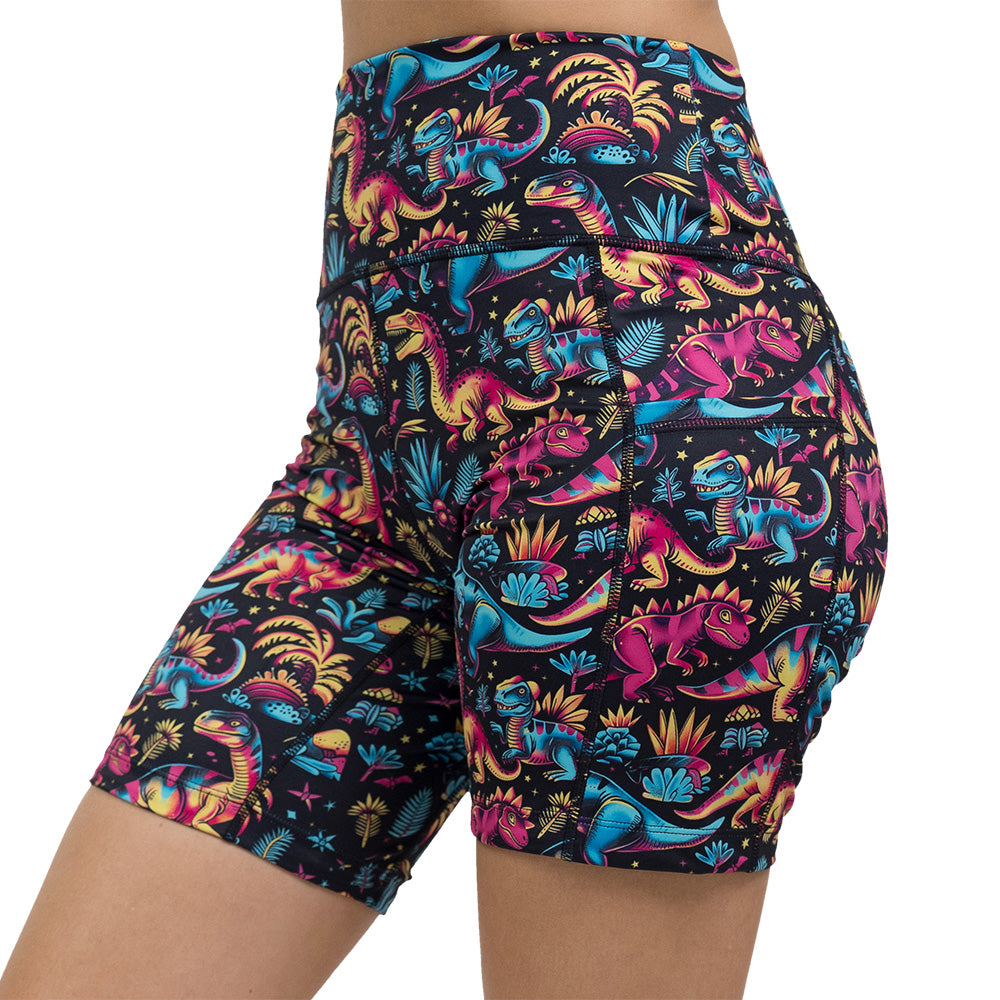 dinosaur print 7 inch short facing the front against a white background