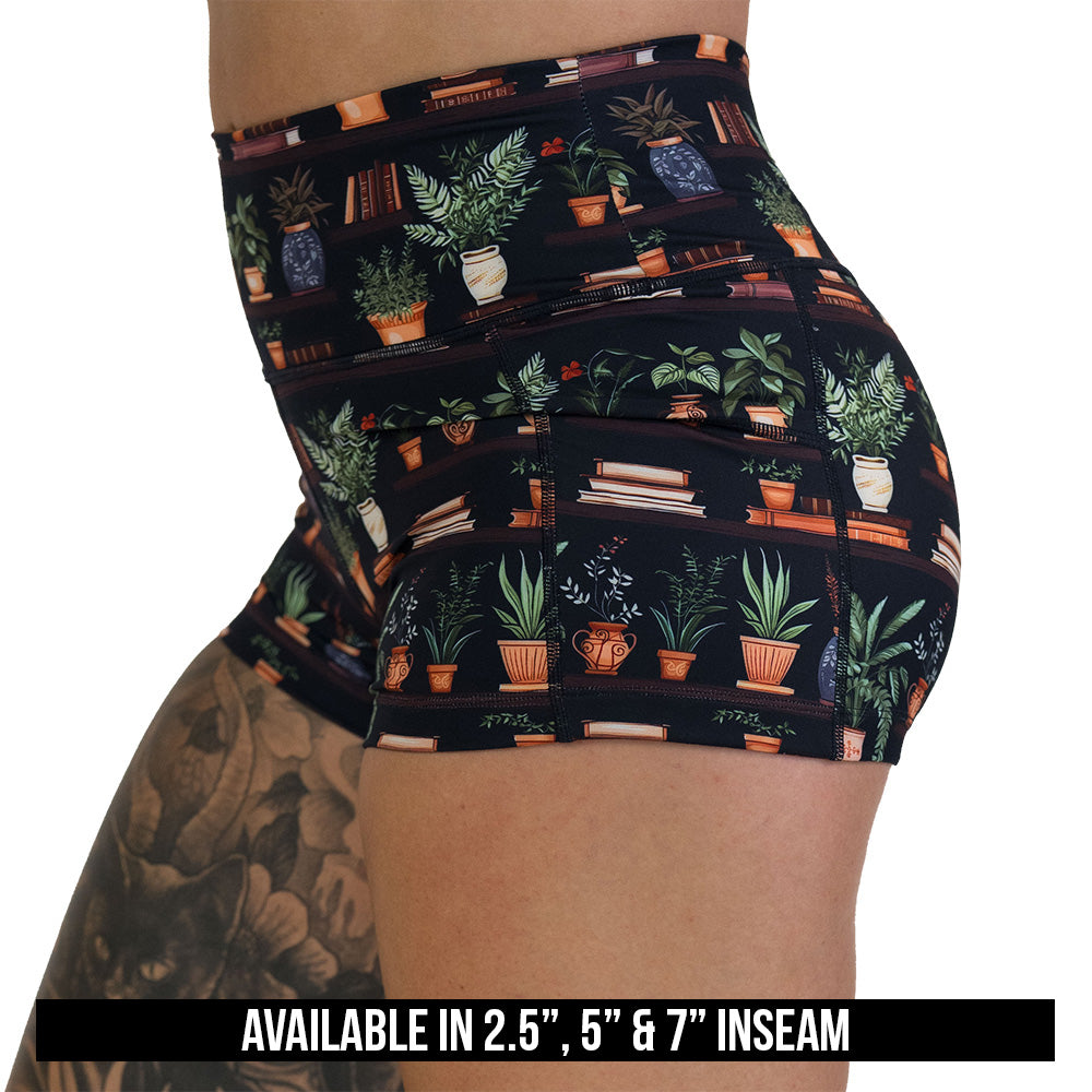 floral patterned shorts with books design on it available in 2.5, 5 & 7 inch inseams