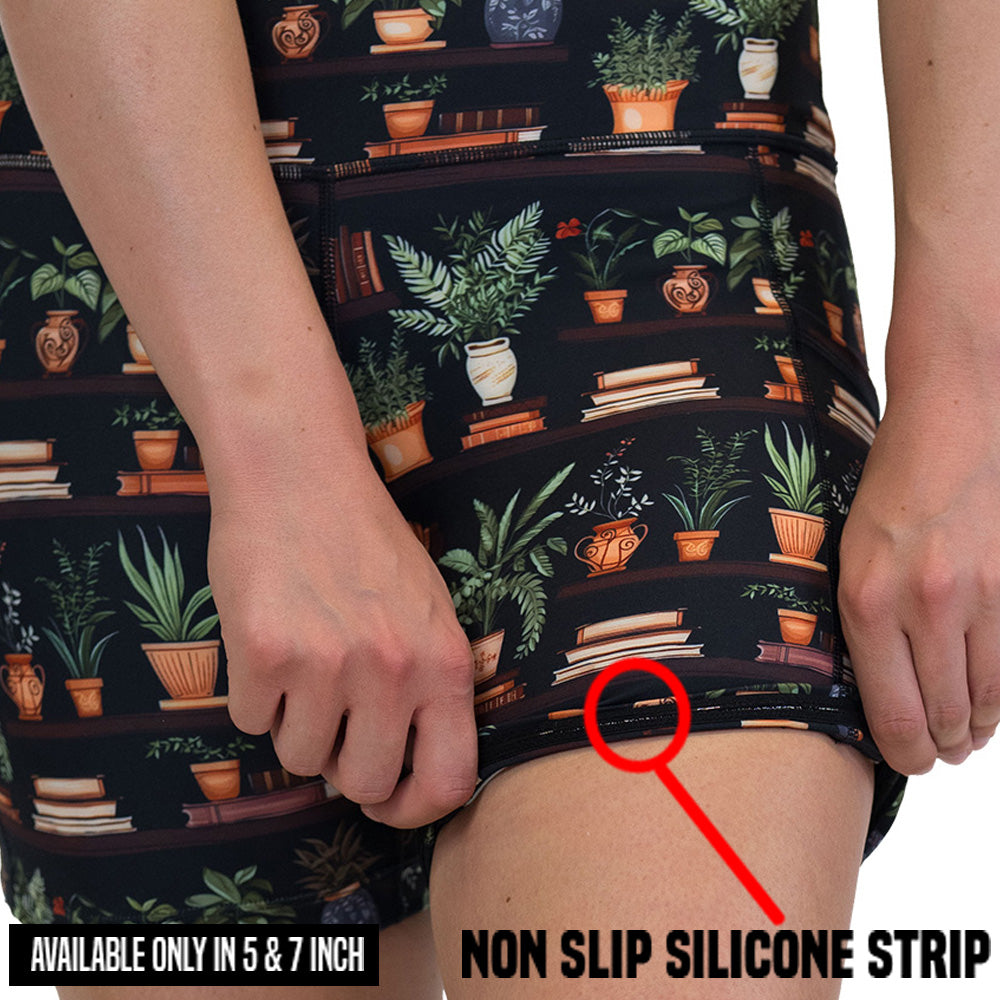 non slip strip on the floral patterned shorts with books design on it