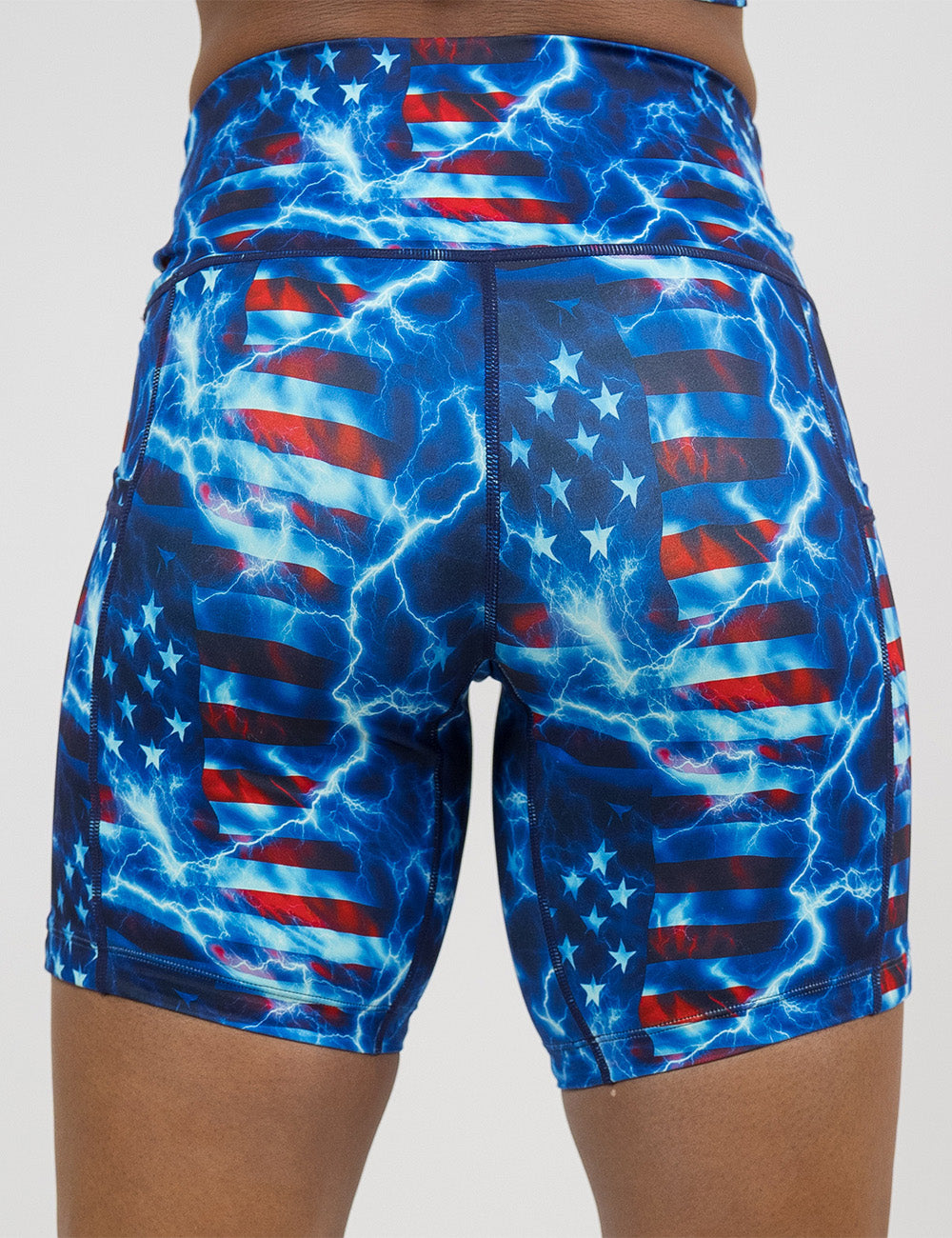 back of the 7 inch lightning flag shorts against a white background