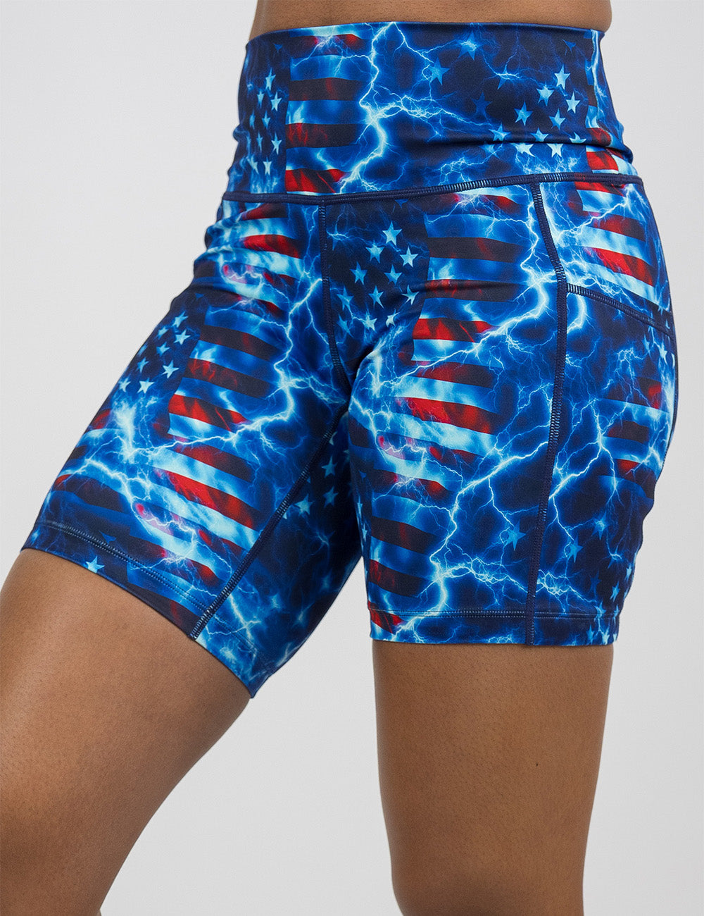 front of the 7 inch lightning flag shorts against a white background