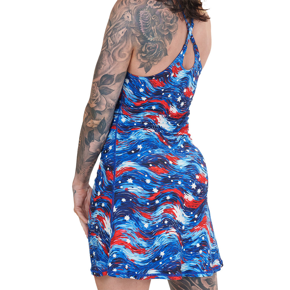 back of the red, white and blue flag patterned dress