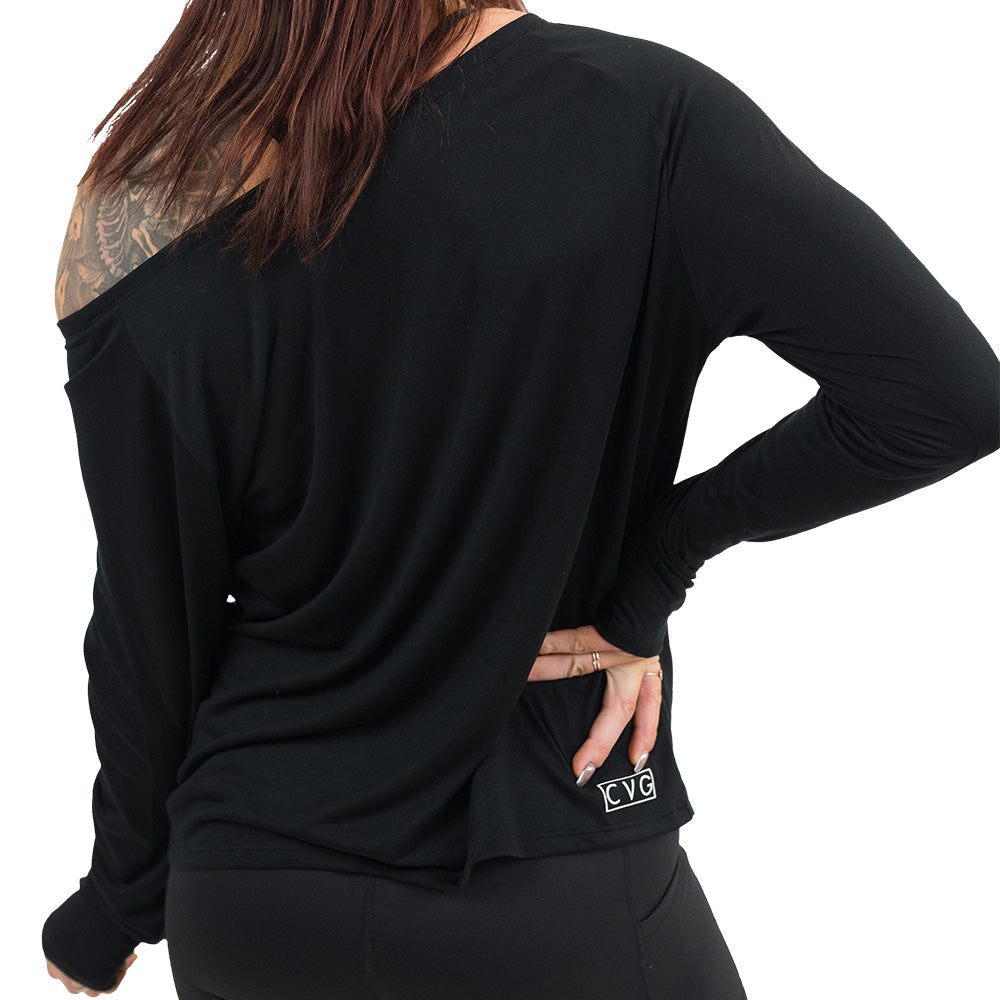 back of the black long sleeve slouchy tee against a white background
