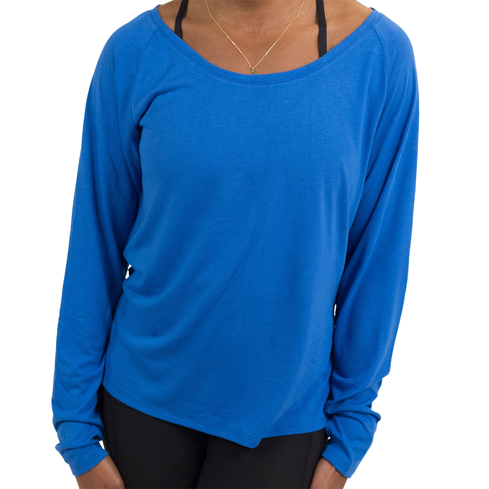 front of true blue long sleeve slouchy tee
