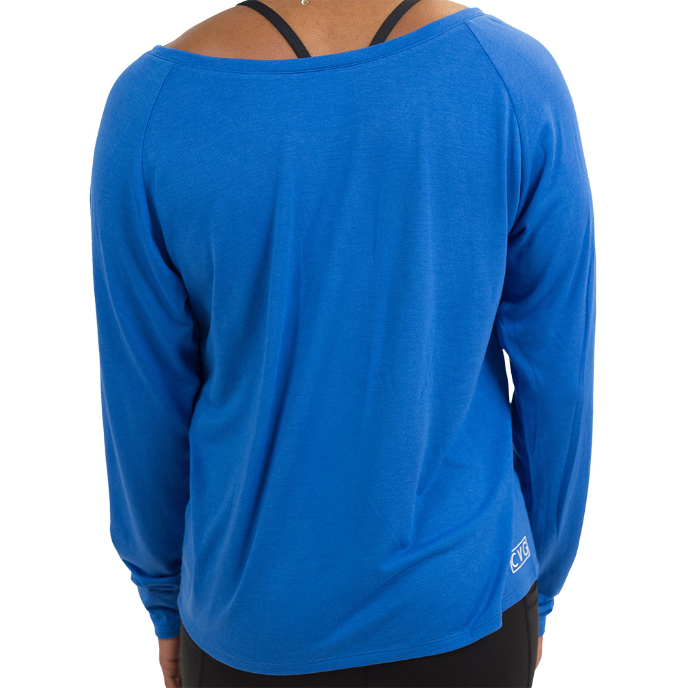 back of true blue long sleeve slouchy tee against a white background