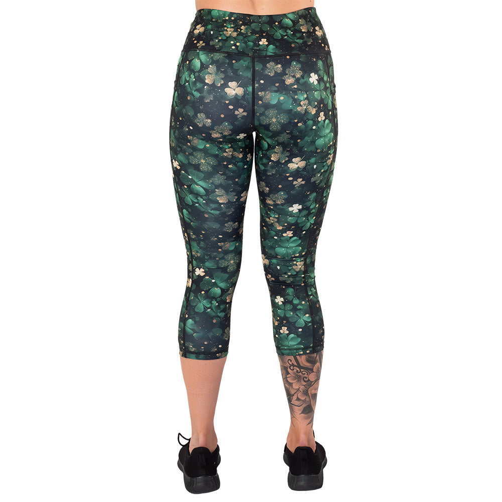 back of the green and gold shamrock patterned leggings