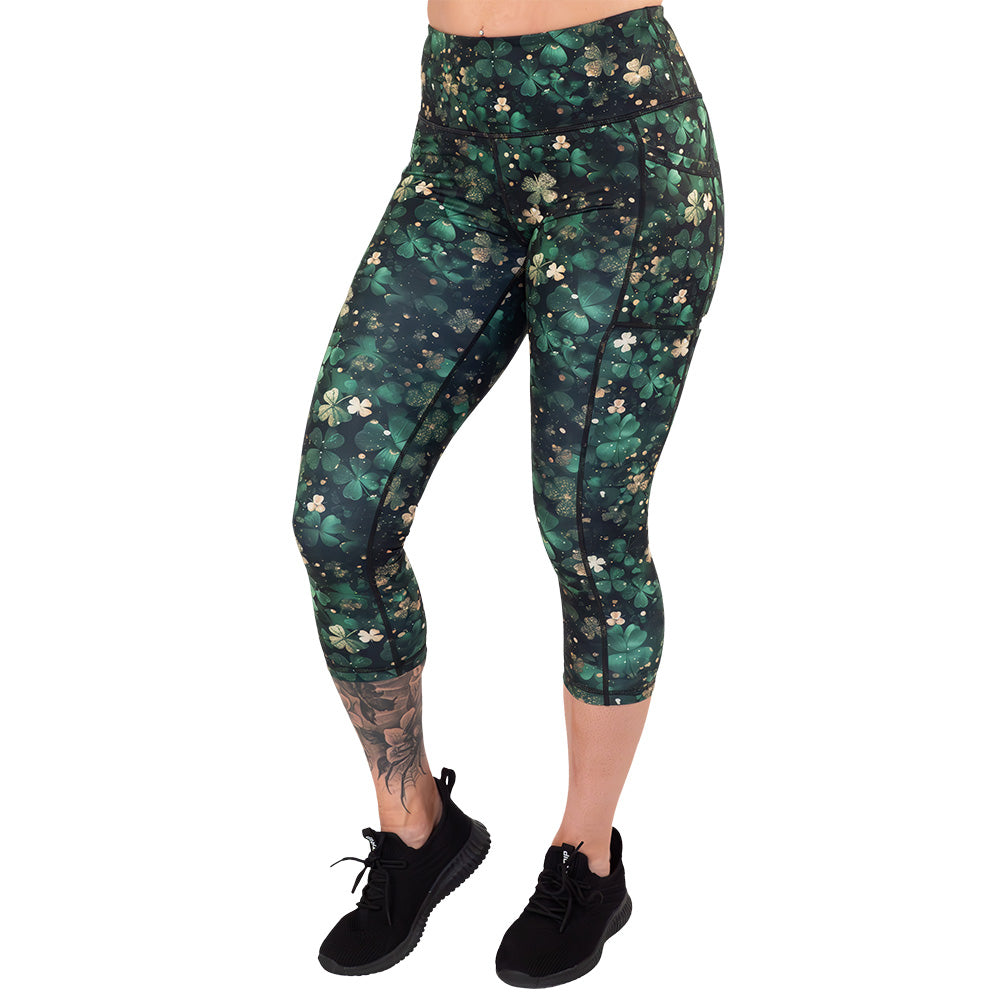 capri length green and gold shamrock patterned leggings