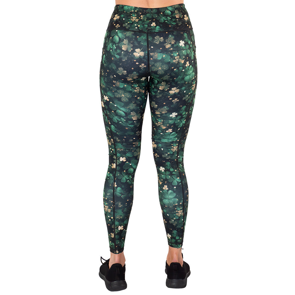 back of the green and gold shamrock patterned leggings