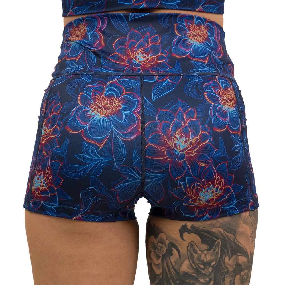 back of the luminous lotus 2.5 inch shorts