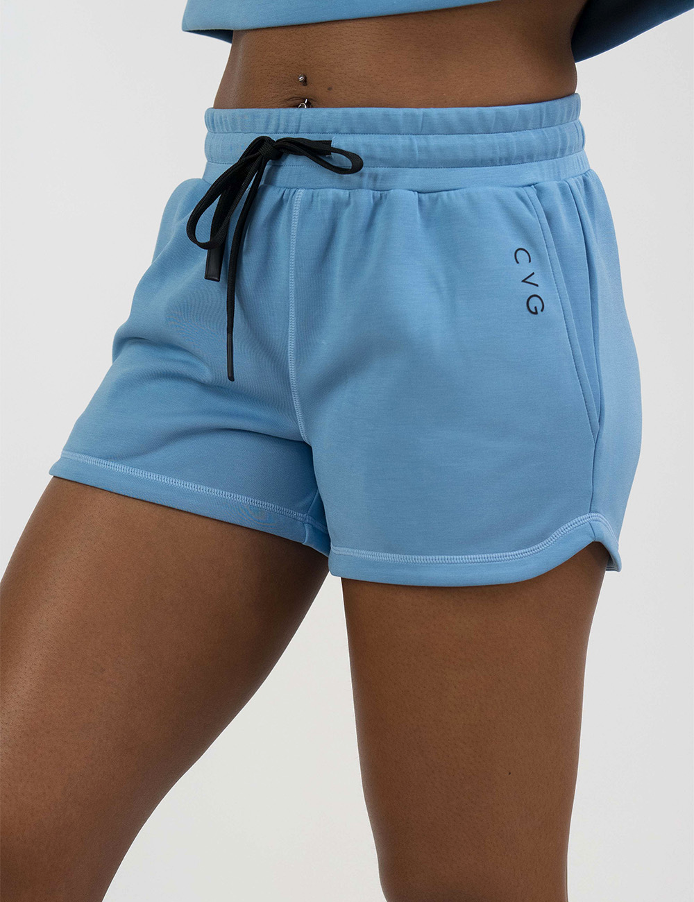 front of the blue shorts with a black drawstring against a white background