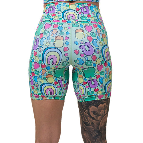 back of 7 inch St Patrick's day inspired charms print shorts