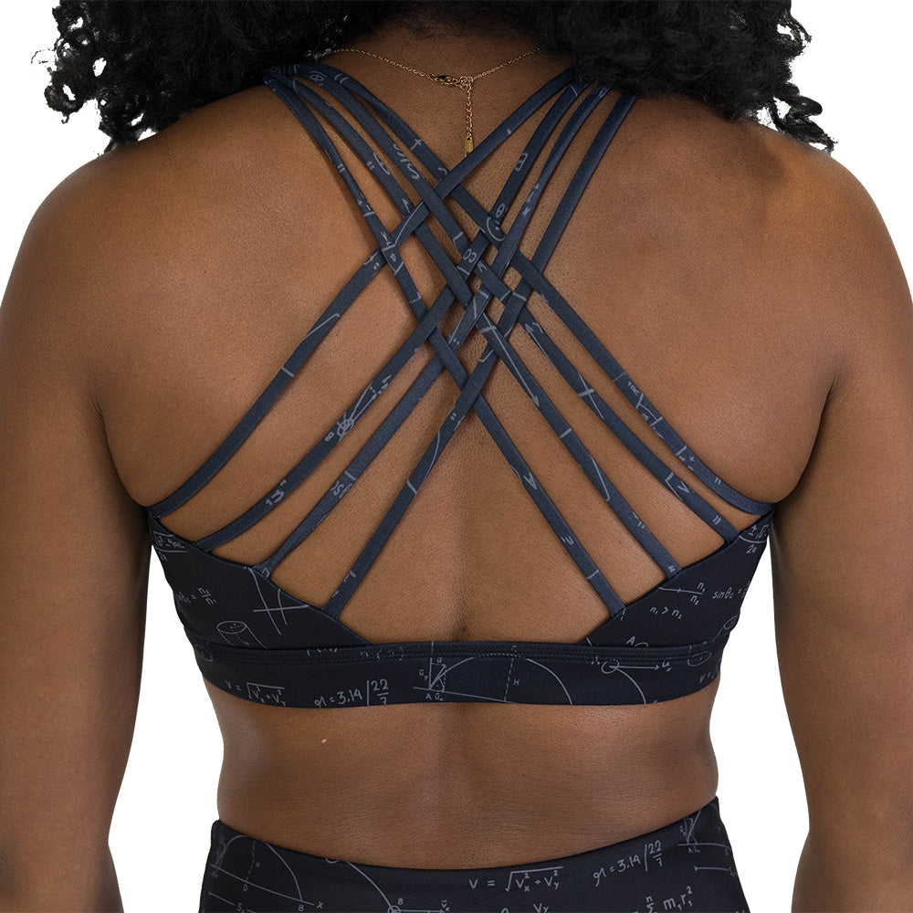 back of the black sports bra with mathematical equations and formulas on it