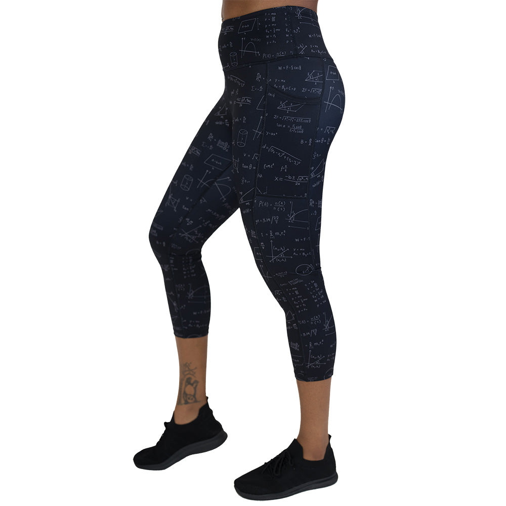 Black leggings with mathematical equations and diagrams on them