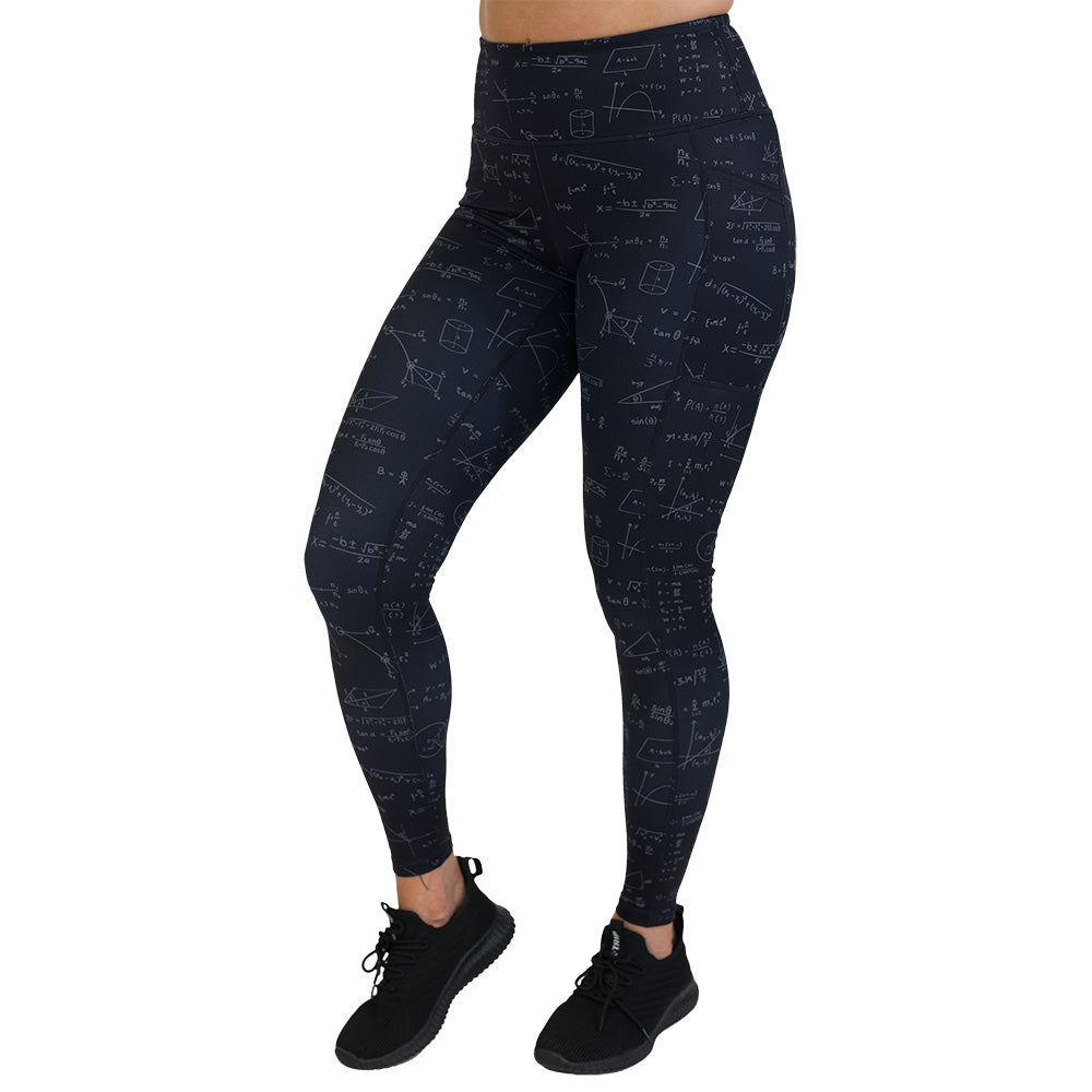 Black leggings with mathematical equations and diagrams on them