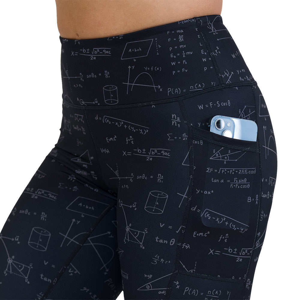 leggings with mathematical equations pattern and a phone pocket on a white background