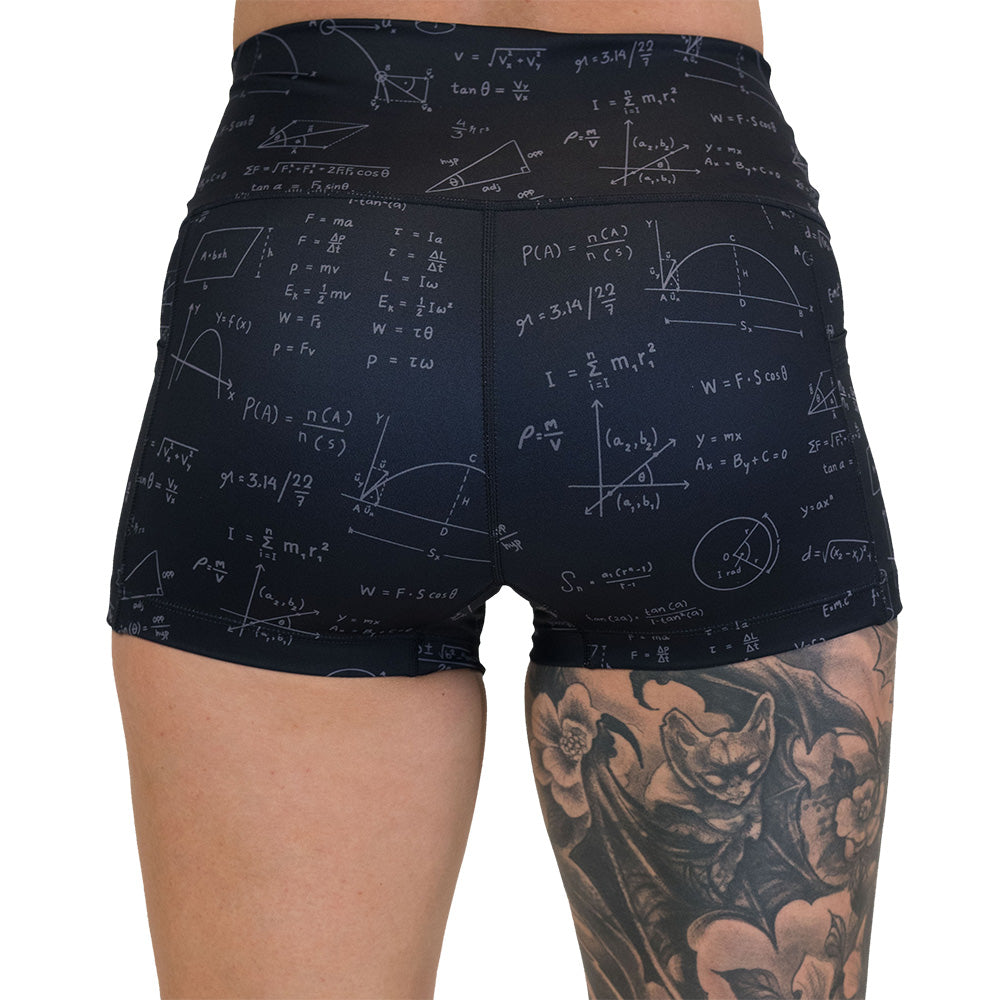back of the Black shorts with mathematical equations and diagrams on them