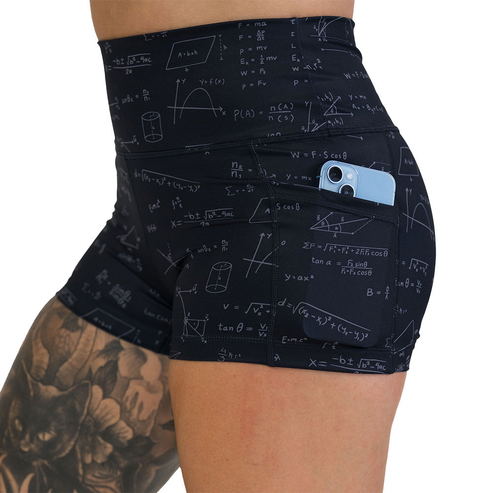 Black shorts with mathematical equations and diagrams on them
