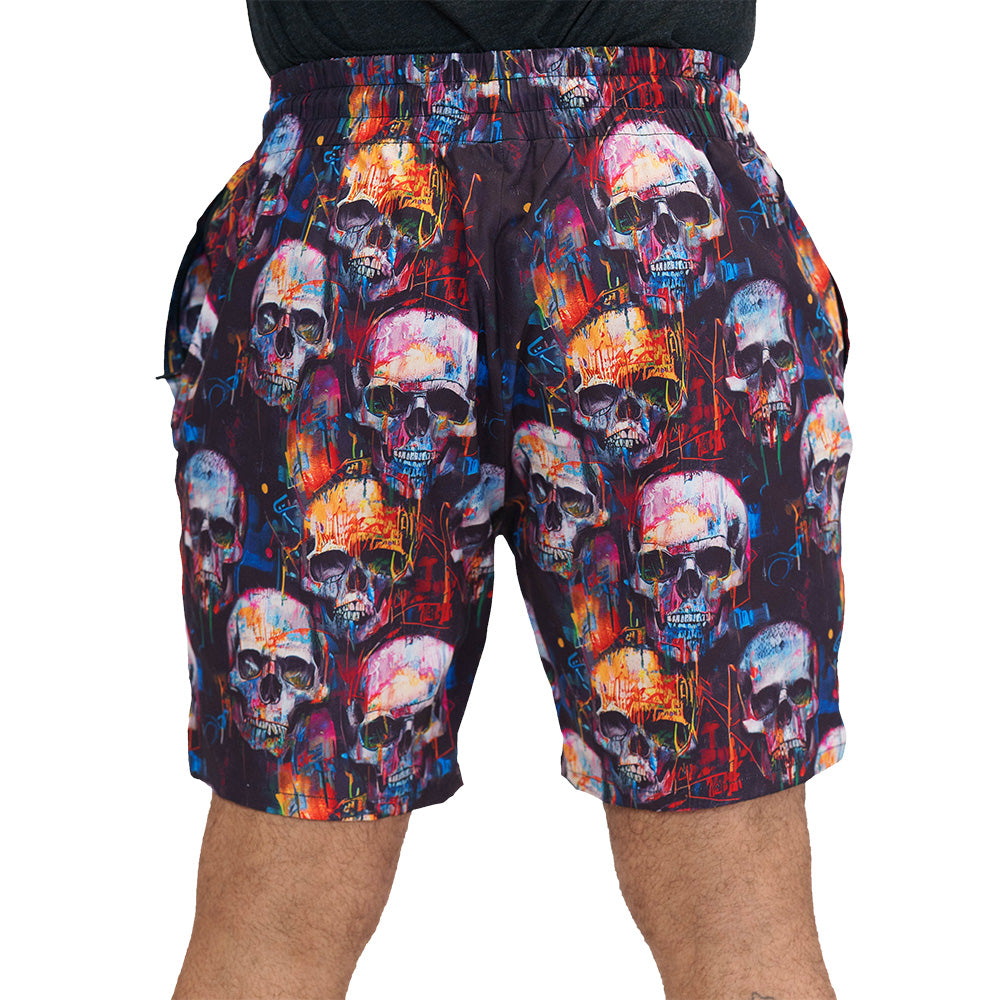 back of the paint splatter and skull print men's shorts