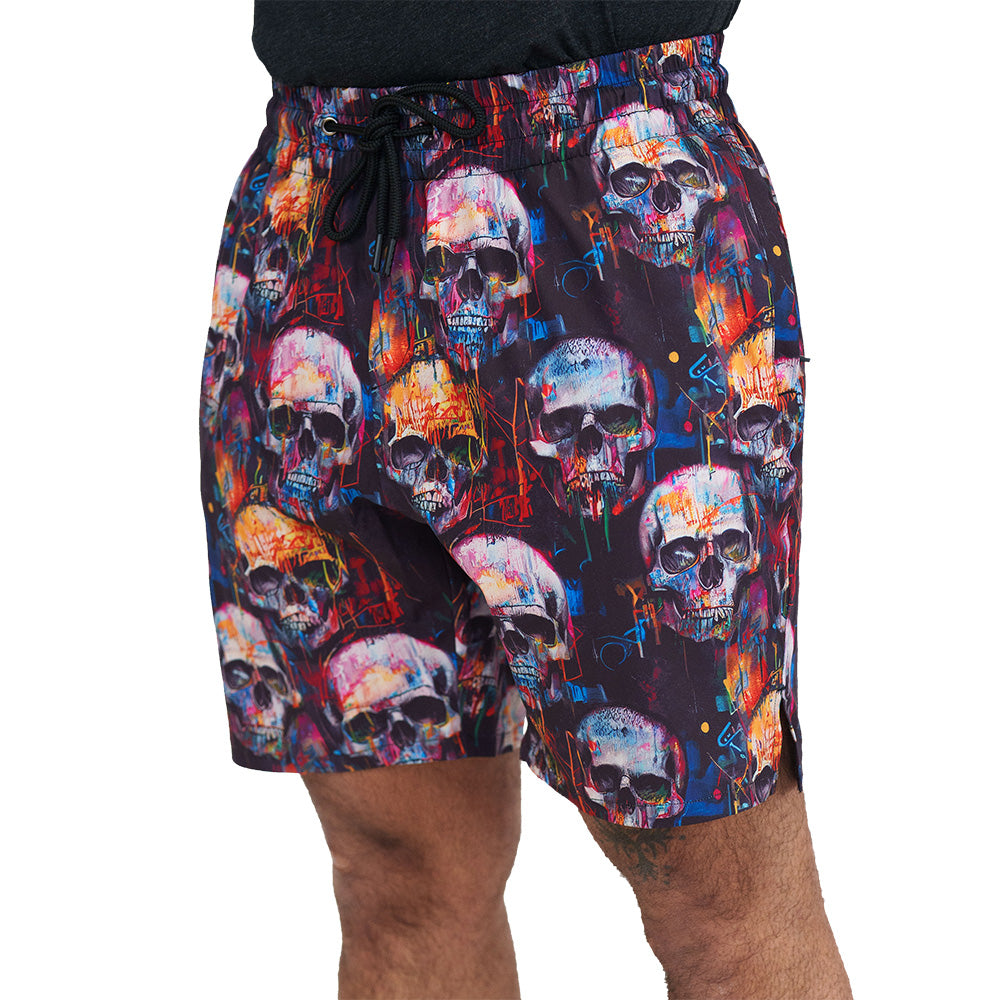 paint splatter and skull print men's shorts