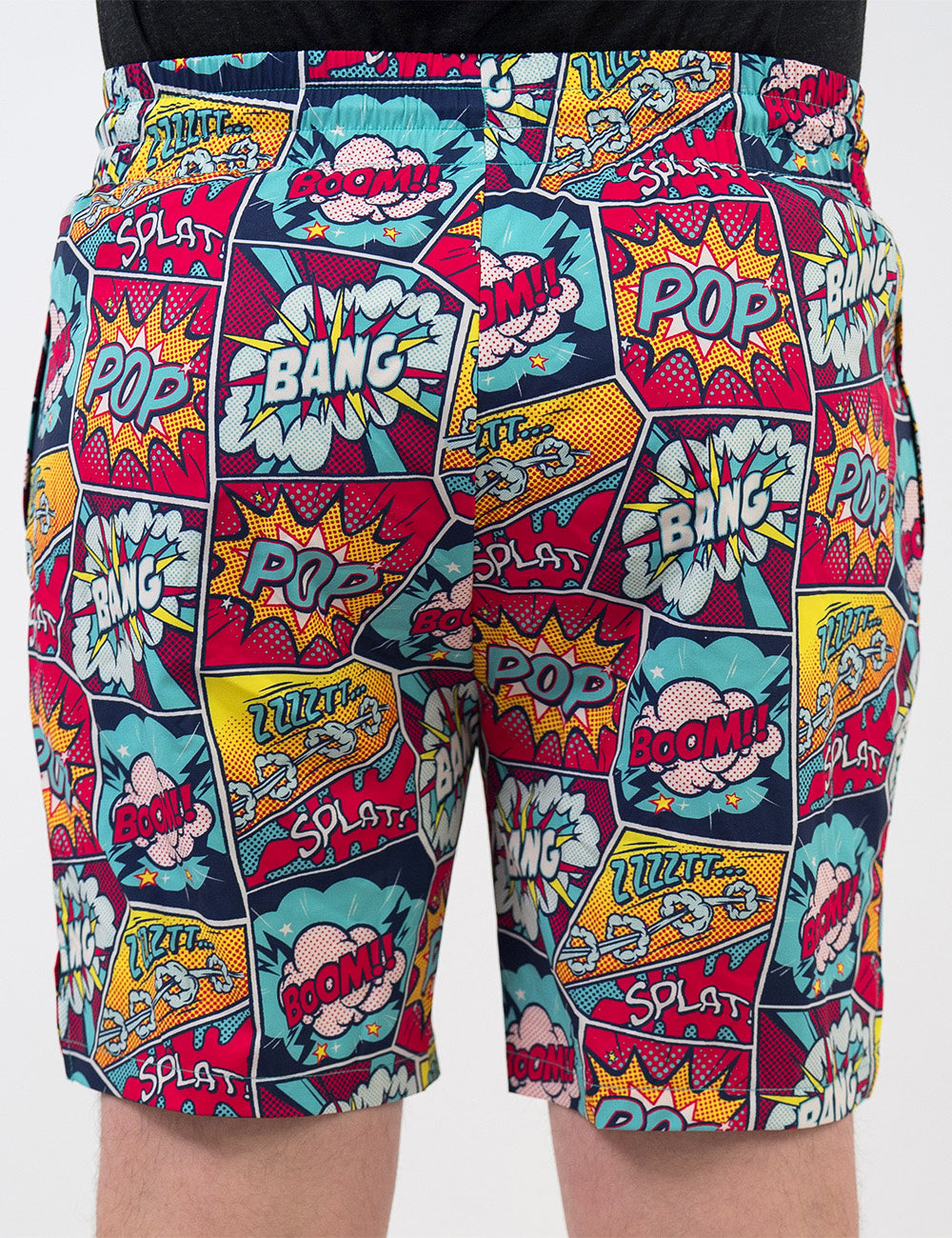 back of the comic book themed men's shorts against a white background