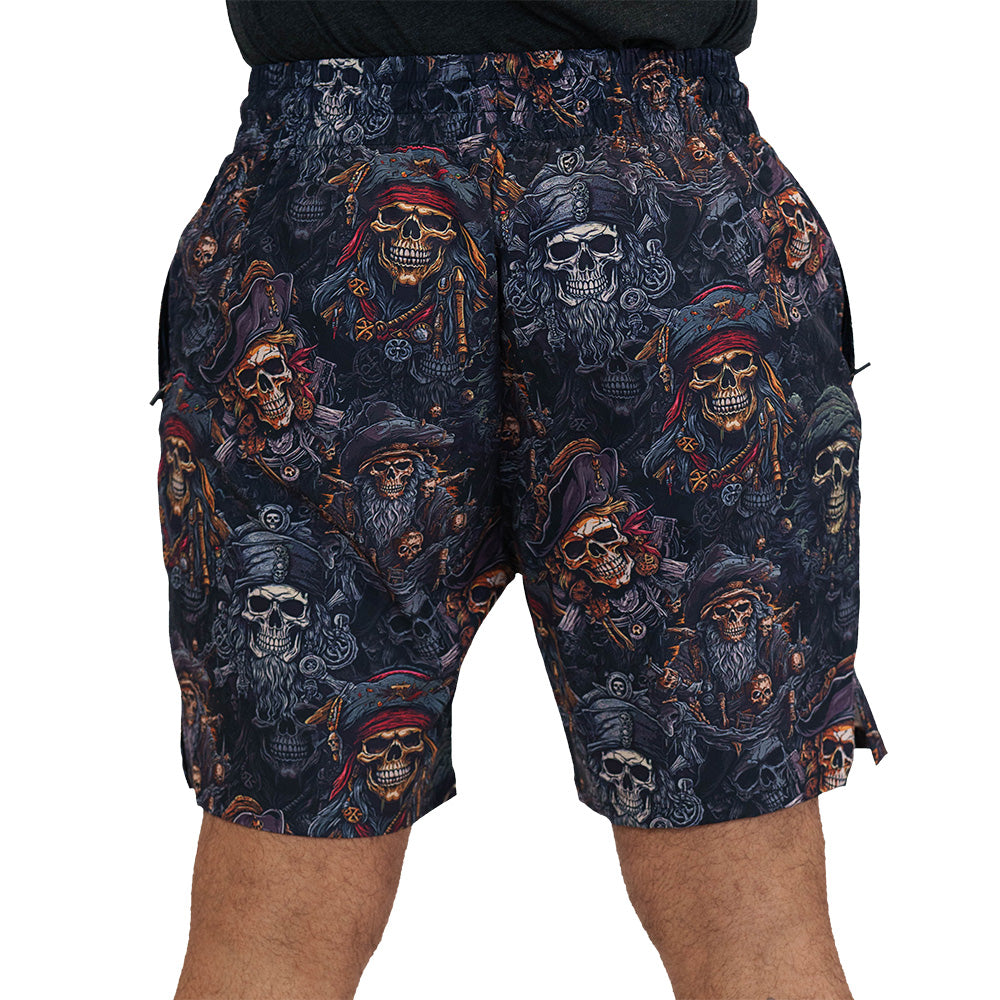 back of the pirate skull themed men's shorts