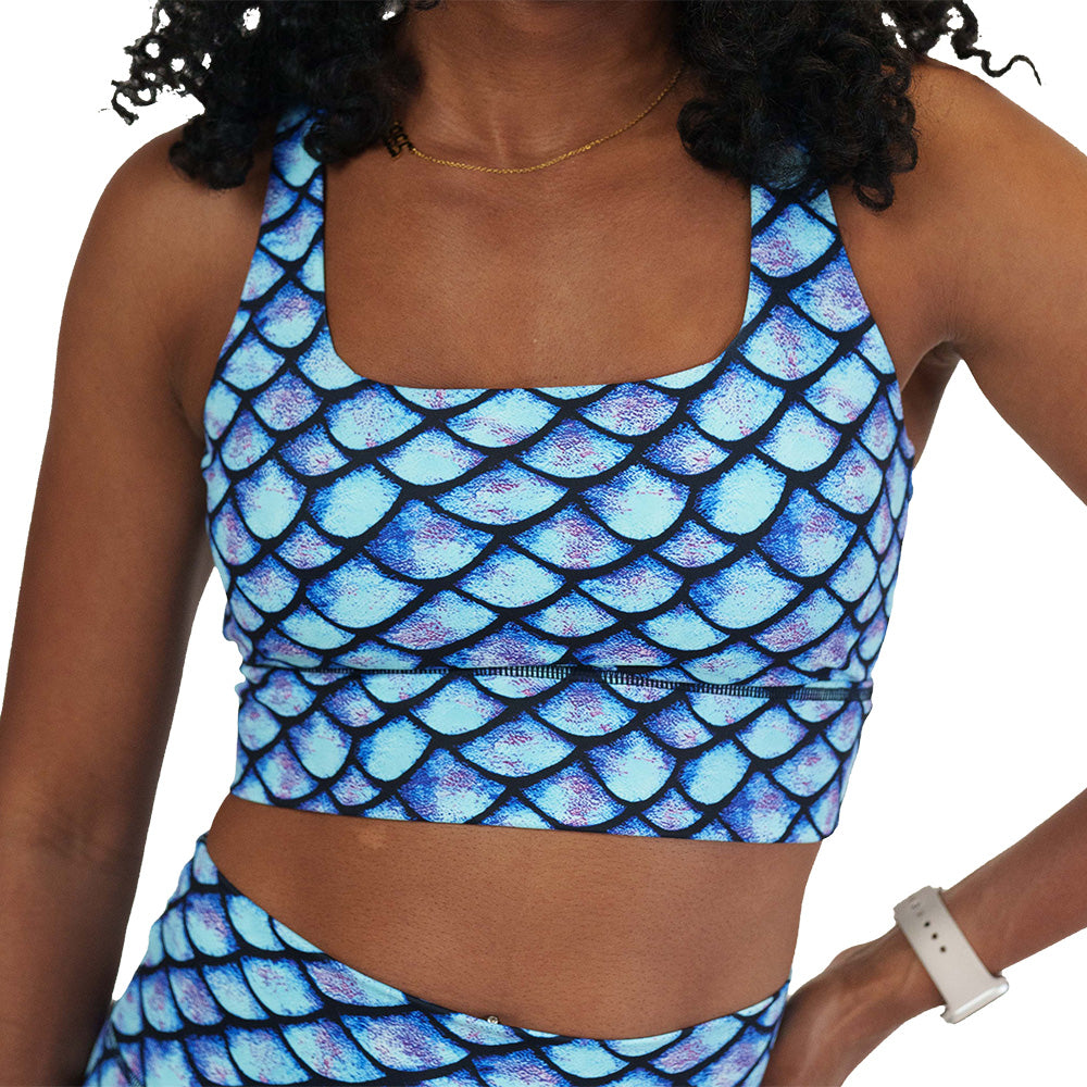 blue fish scale print sports bra
