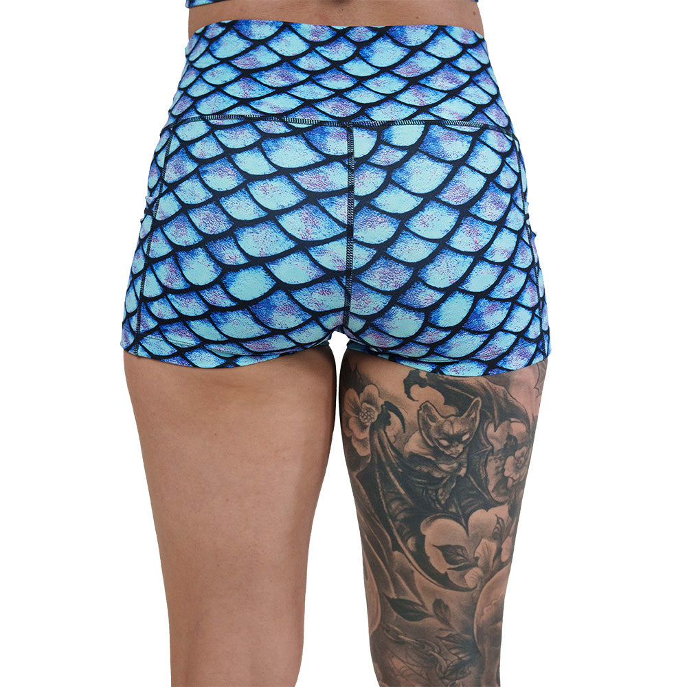 back of the blue fish scale print shorts