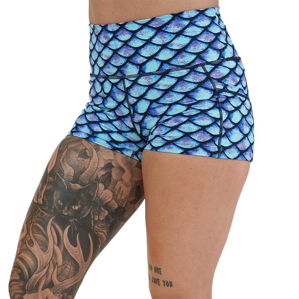 blue fish scale print shorts