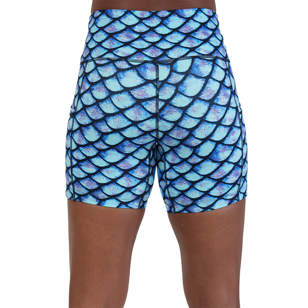 back of the blue fish scale print shorts