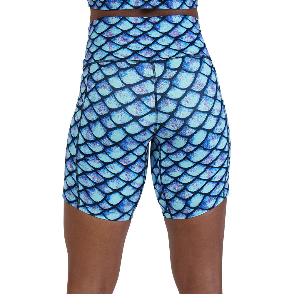 back of the blue fish scale print shorts