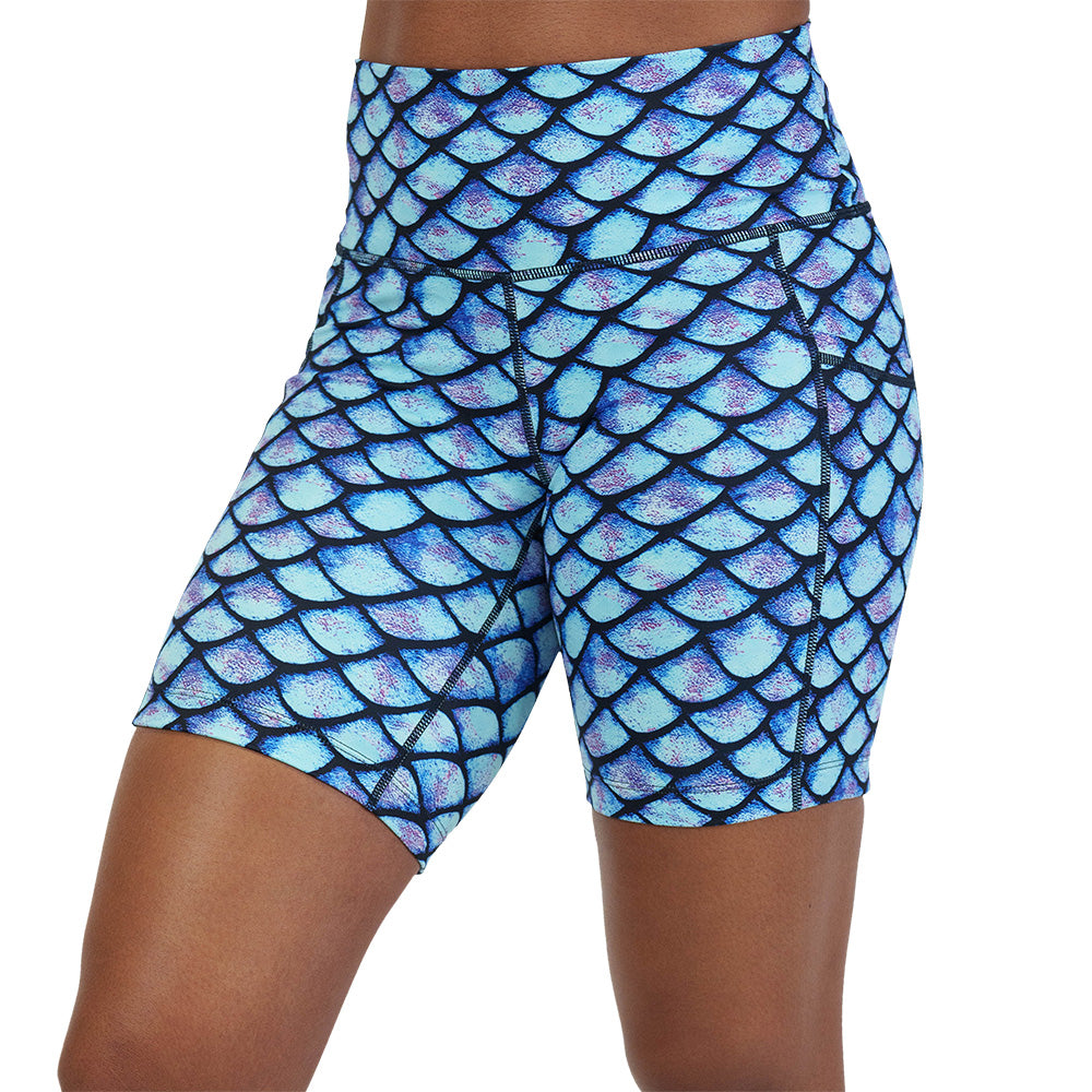 blue fish scale print shorts