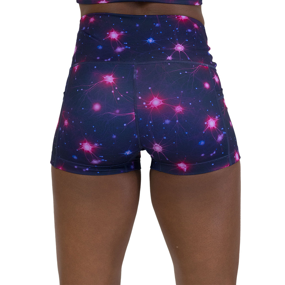 back of the shorts with a science pattern on them