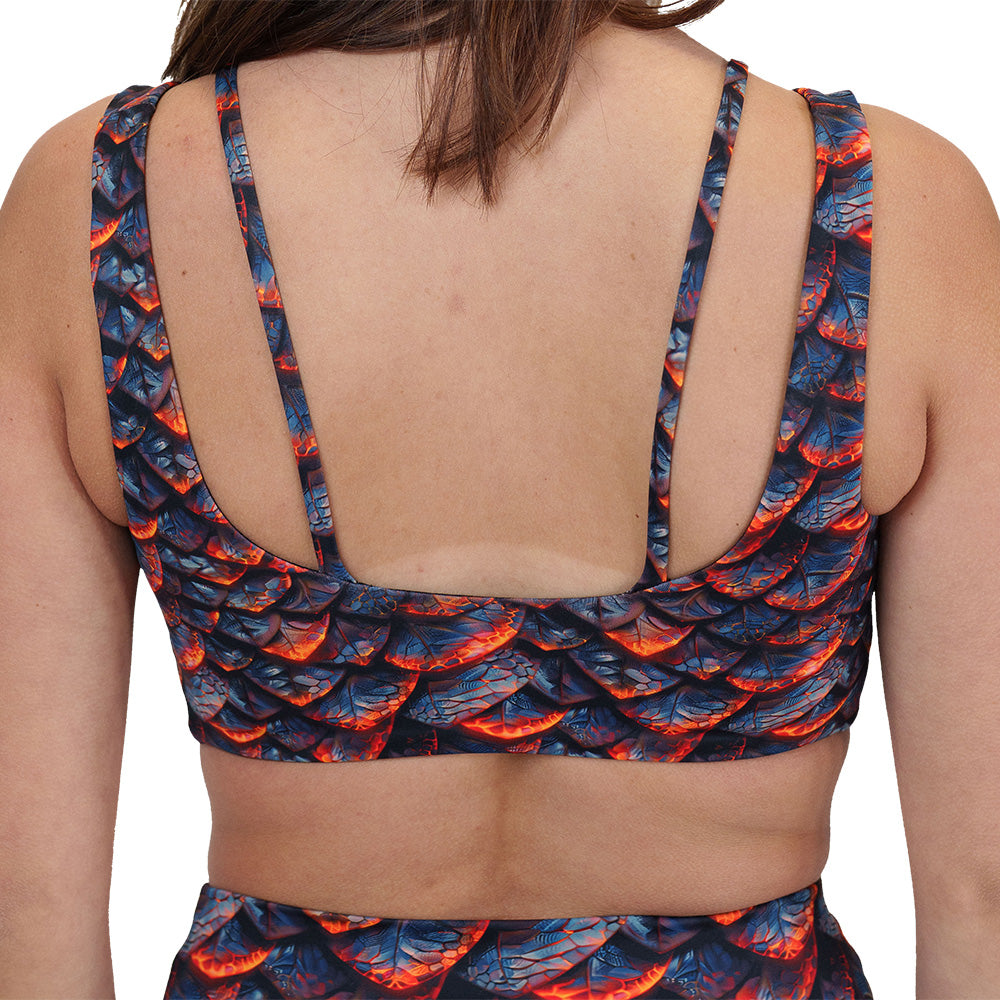 back of the lava and dragon scale patterned bra