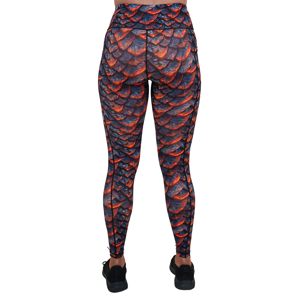 back of the lava and dragon scale patterned leggings