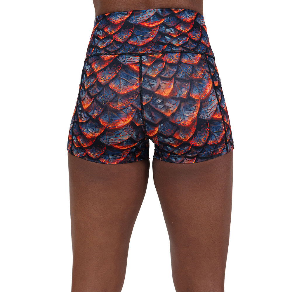 back of the lava and dragon scale patterned shorts