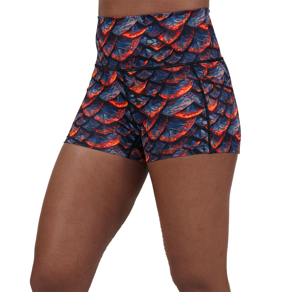 lava and dragon scale patterned shorts
