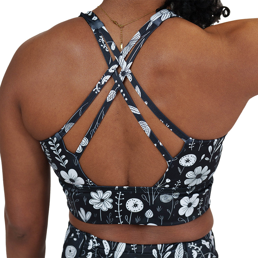 back of the black and white floral sports bra