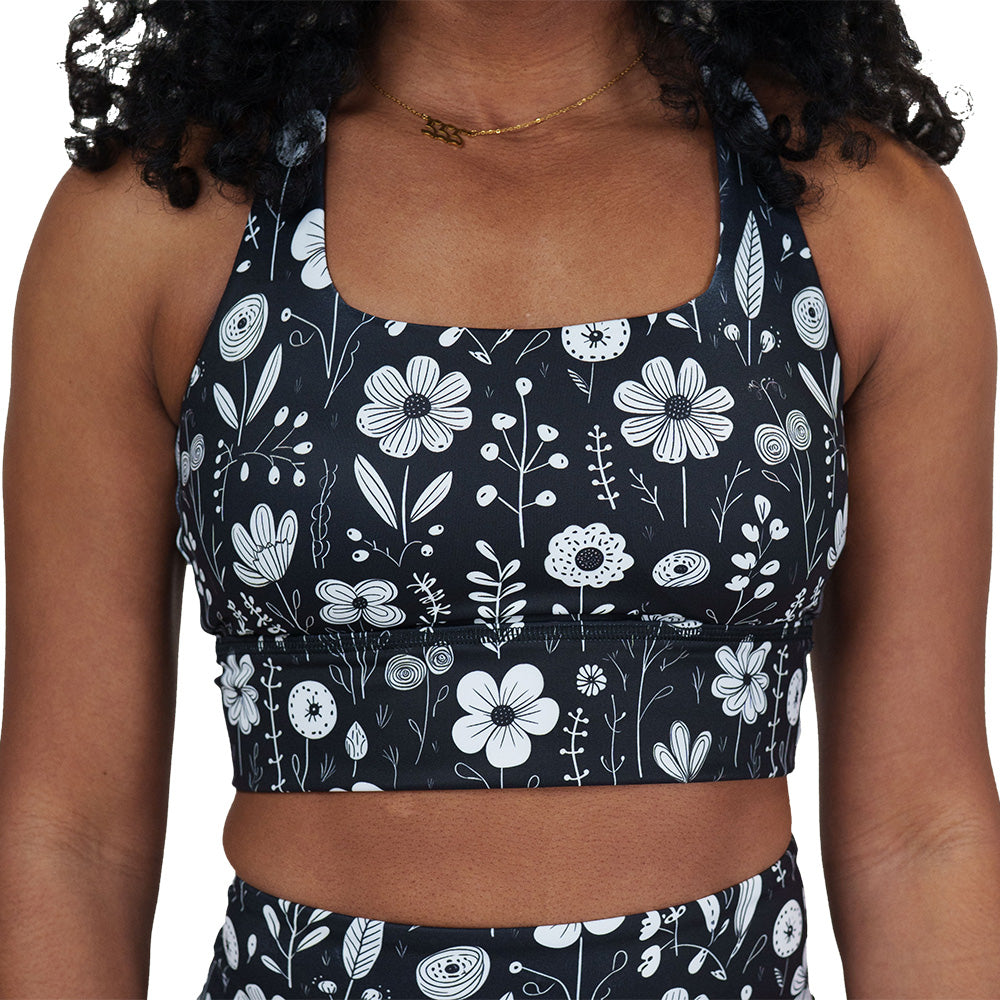 black and white floral sports bra