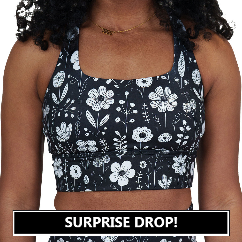 black and white floral sports bra