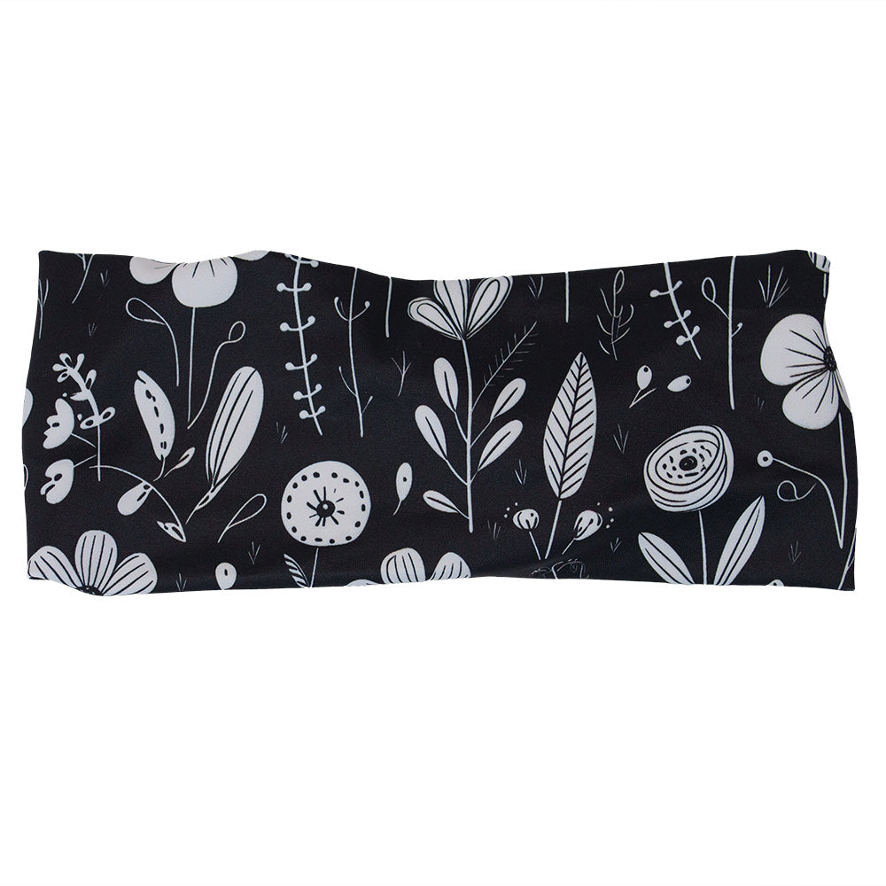 front of the black and white floral headband