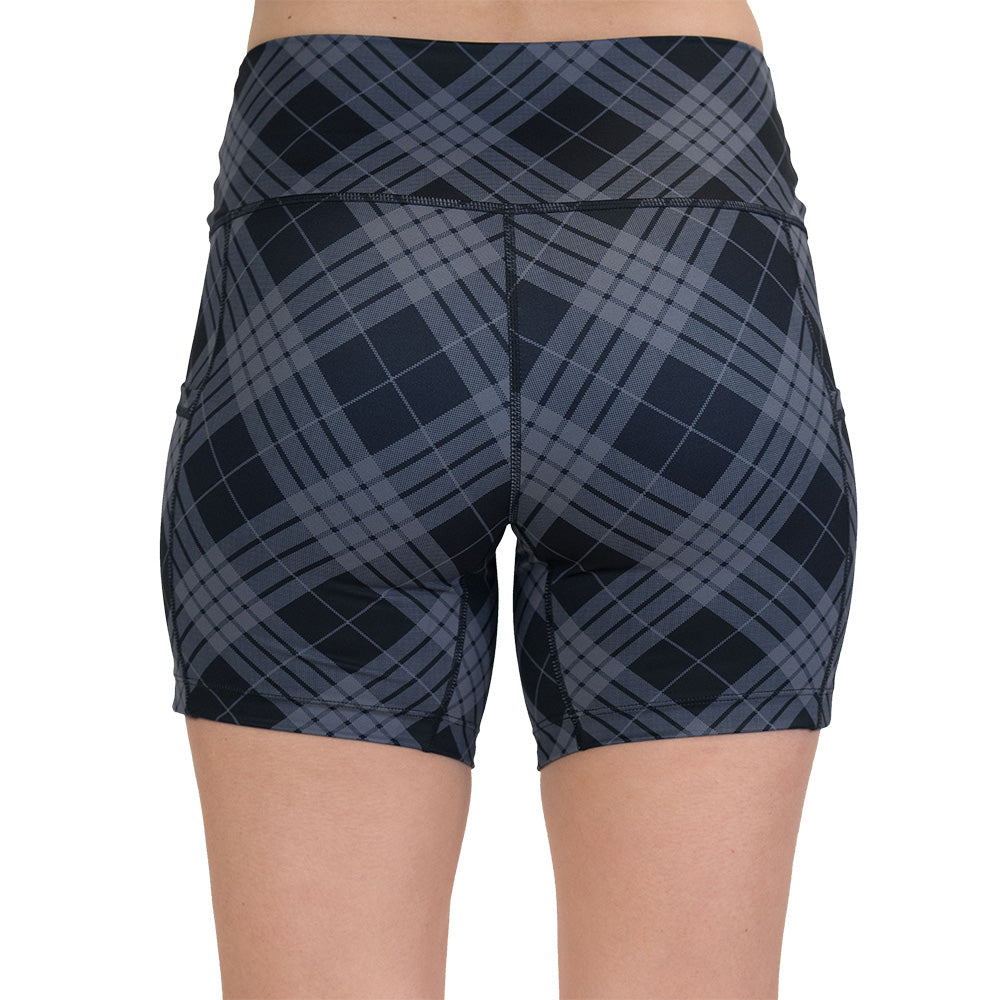 back of the plaid patterned shorts on a white background