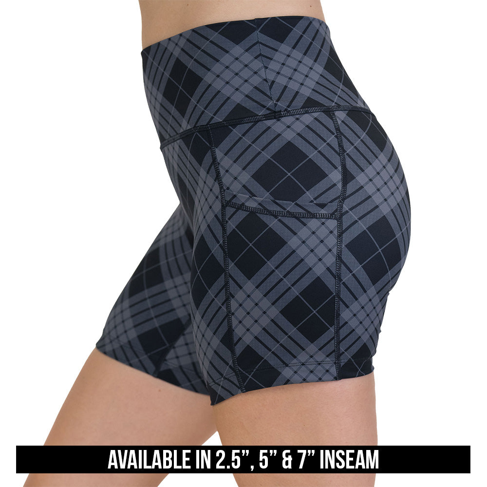 Plaid patterned shorts on a white background with text indicating inseam options.