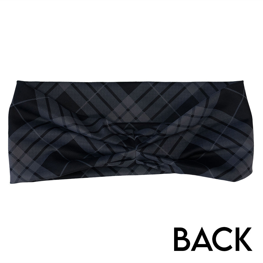 back of a Black and gray plaid headband on a white background