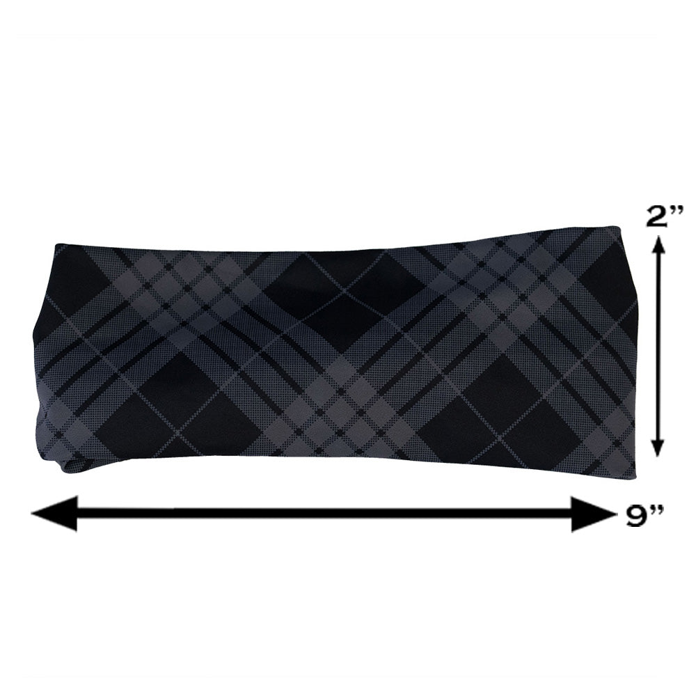 Black and gray plaid headband measured at 2 by 9 inches on a white background