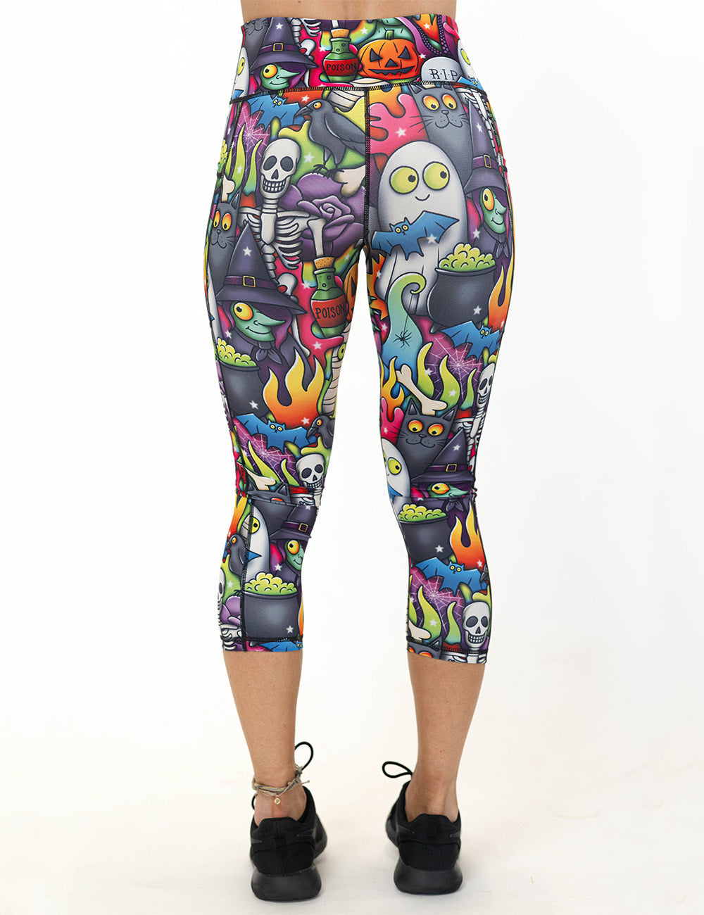 back of the Halloween characters capri leggings against a white background