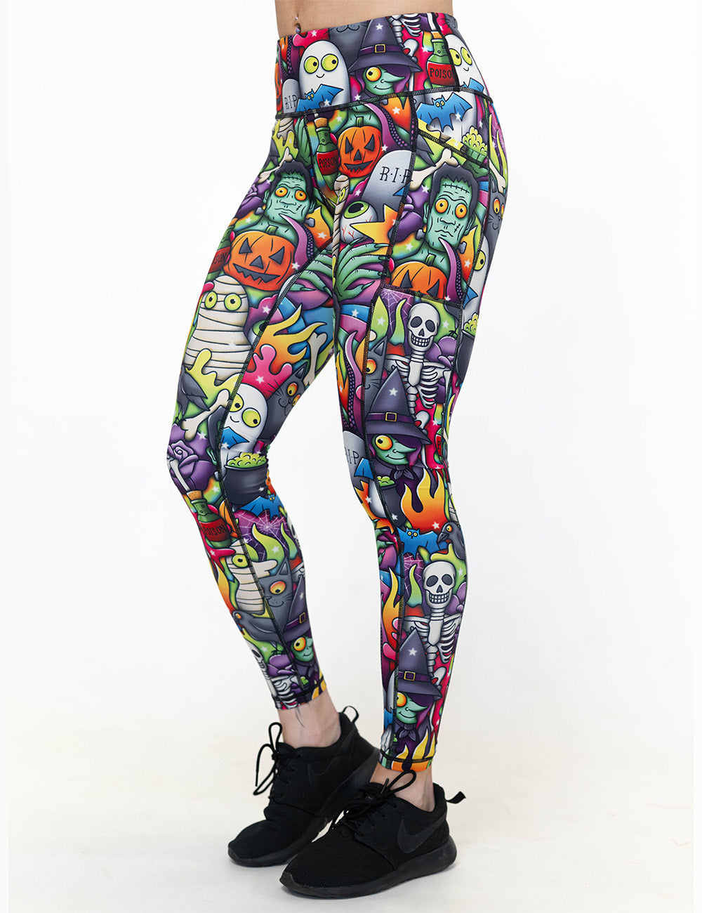 front of the Halloween characters full length leggings against a white background
