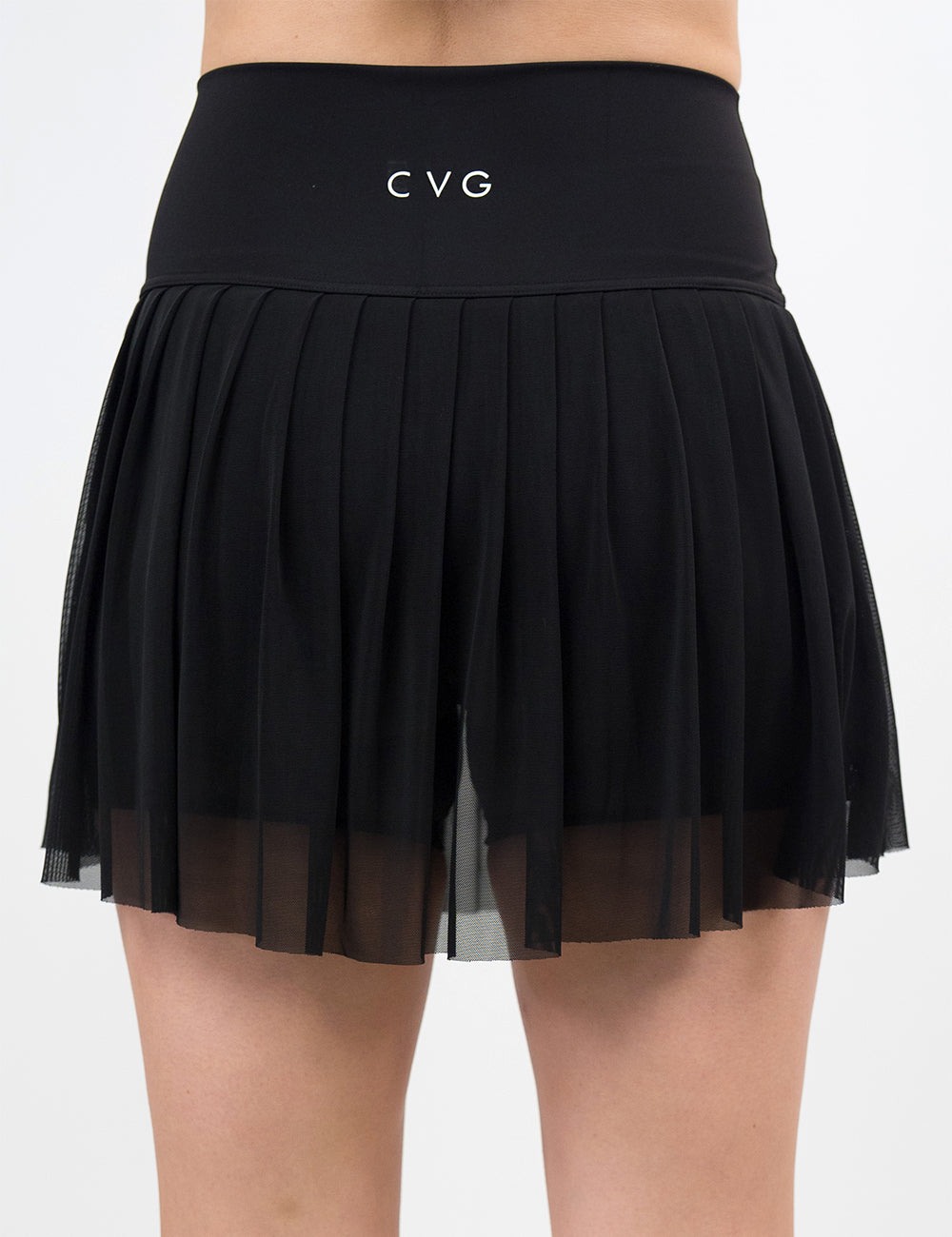 back of the sheer black motion skirt against a white background