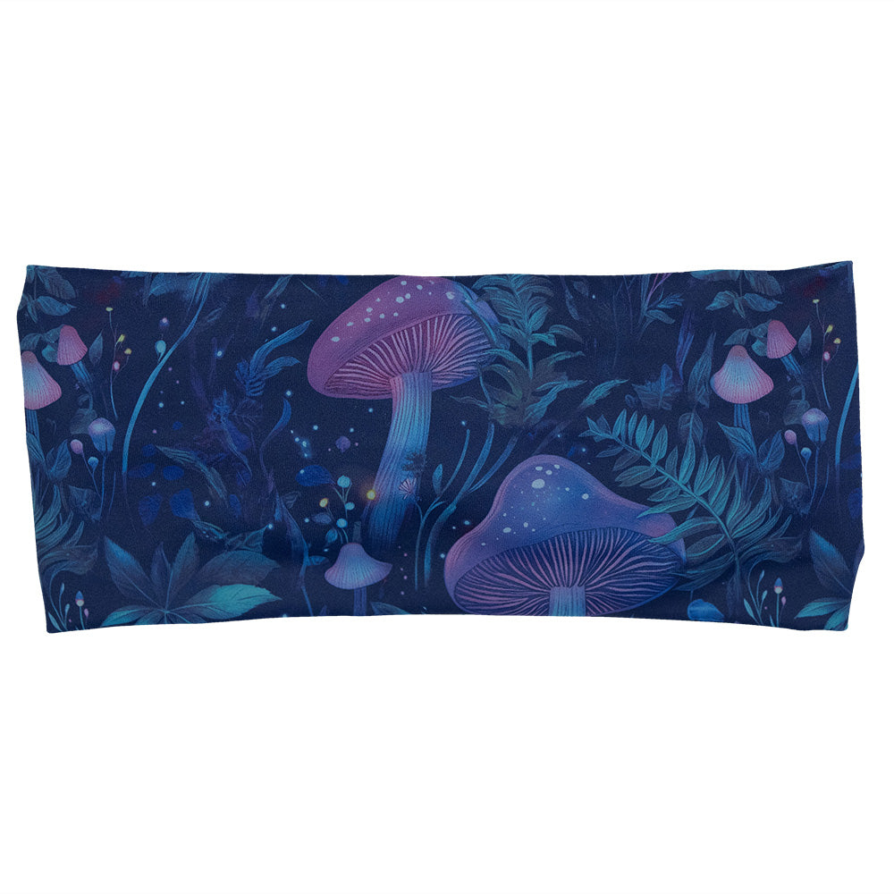 headband with a blue and purple mushroom and foliage design on a white background